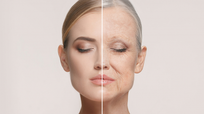 Comparison. Portrait of beautiful woman with problem and clean skin, aging and youth concept, beauty treatment and lifting. Before and after concept. Youth, old age. Process of aging and rejuvenation