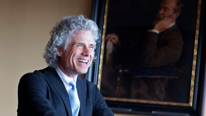 Steven Pinker is the Johnstone Family Professor of Psychology and a Harvard College professor and he is the author of the new book, "The Better Angels of Our Nature: Why Violence has Declined." He was photographed in front of William James who he calls his heroe. He has quoted him in every one of his books. Rose Lincoln /Harvard Staff Photographer